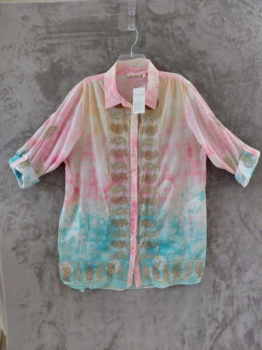 NEW Soft Surroundings Embrodiered Sequin Paisley Long Shirt Women's 1X Ombre